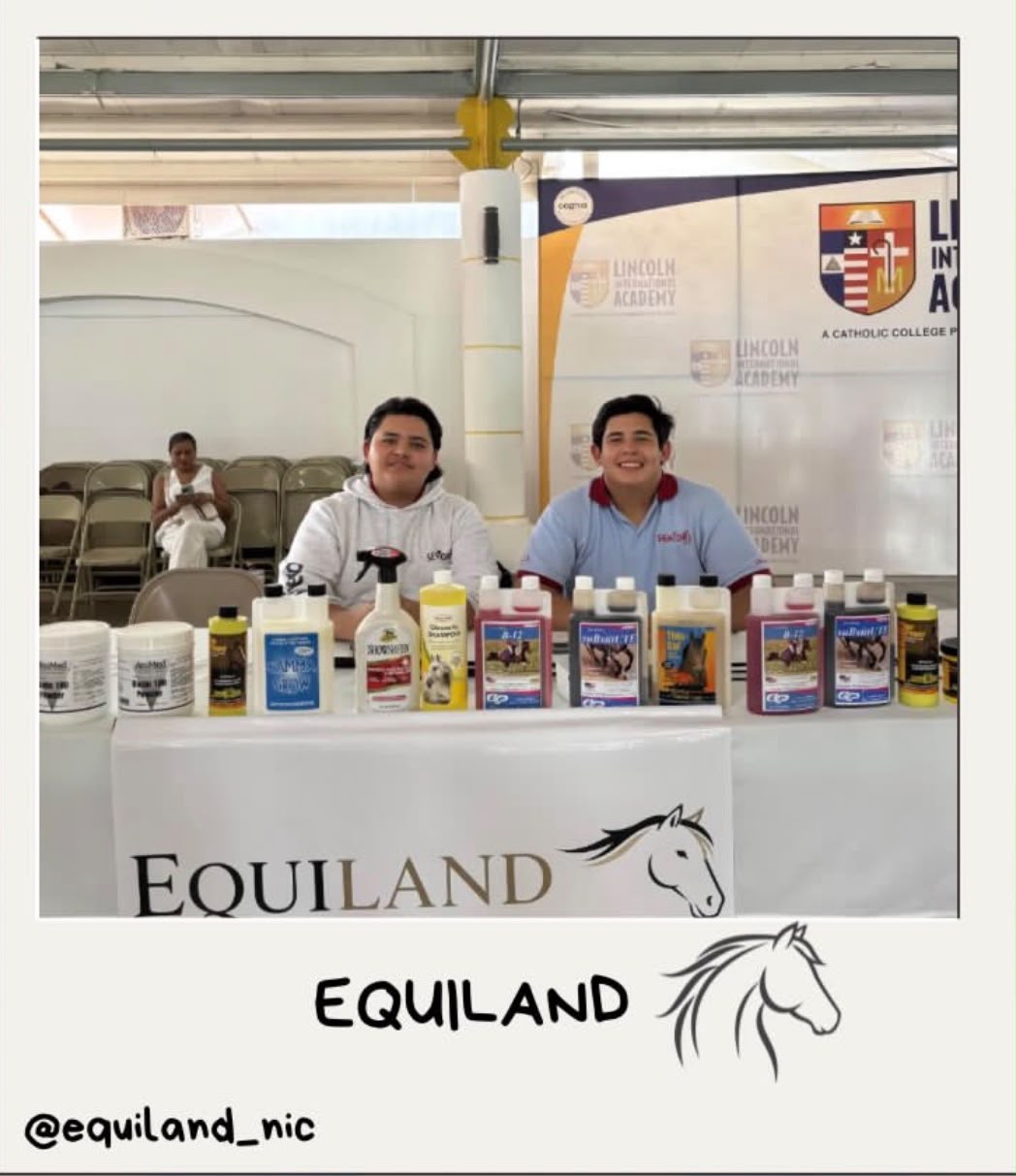 Juan at the Equiland horse-care product display at a school entrepreneurship fair